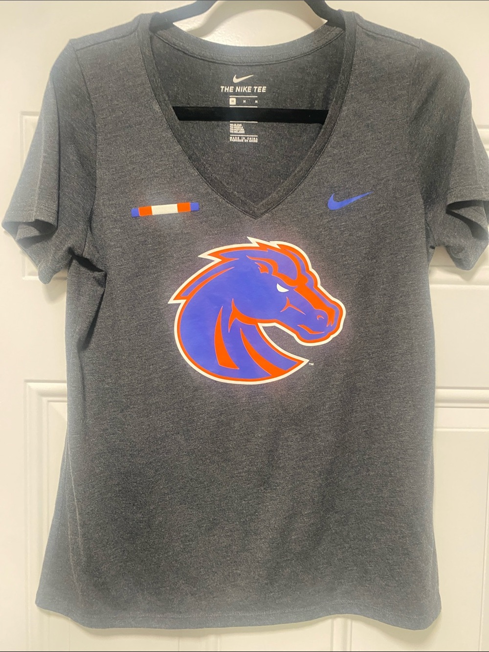 Nike Gray V-Neck Tee with Blue and Orange Bronco Logo